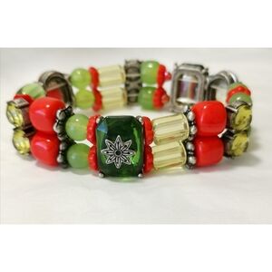Vintage Czech beaded stretch bracelet in greens and coral tones